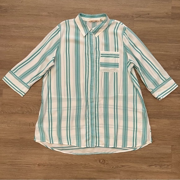 Soft Surroundings Ladson Button Up Top Green Stripe Coastal Lightweight Sz L - Picture 1 of 9